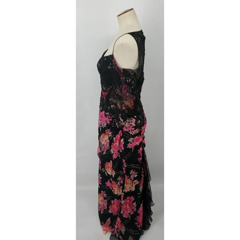 Ricki Freeman Teri Jon Silk Floral Sequin Beaded Halter Maxi Dress Sz 12 - Picture 11 of 16